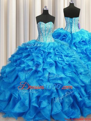 Visible Boning Baby Blue Ball Gowns Beading and Ruffles Sweet 16 Quinceanera Dress Lace Up Organza Sleeveless