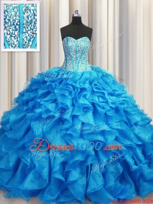 Visible Boning Baby Blue Ball Gowns Beading and Ruffles Sweet 16 Quinceanera Dress Lace Up Organza Sleeveless