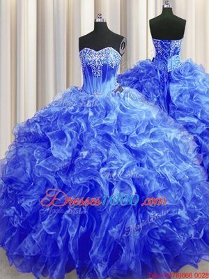 Royal Blue Lace Up Quince Ball Gowns Beading and Ruffles Sleeveless Sweep Train