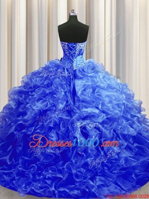 Royal Blue Lace Up Quince Ball Gowns Beading and Ruffles Sleeveless Sweep Train
