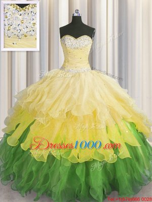 Shining Beading and Ruffles and Ruffled Layers and Sequins Quinceanera Gowns Multi-color Lace Up Sleeveless Floor Length