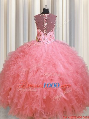 See Through Zipper Up Pink Organza Zipper Vestidos de Quinceanera Sleeveless Floor Length Beading and Ruffles
