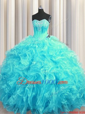 High Quality Organza Sleeveless 15th Birthday Dress Brush Train and Beading and Ruffles