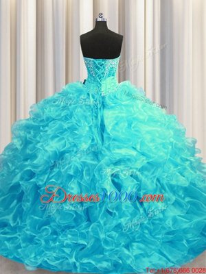 High Quality Organza Sleeveless 15th Birthday Dress Brush Train and Beading and Ruffles