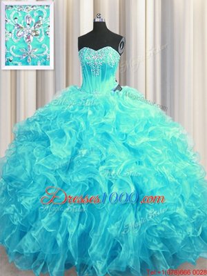 High Quality Organza Sleeveless 15th Birthday Dress Brush Train and Beading and Ruffles