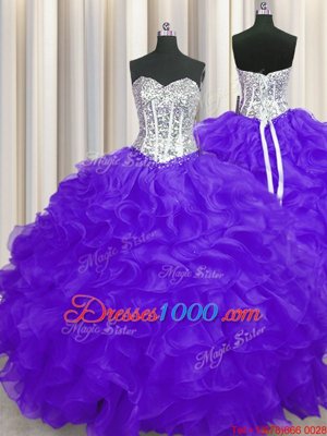 Artistic Purple Organza Lace Up Sweetheart Sleeveless Floor Length 15 Quinceanera Dress Beading and Ruffles