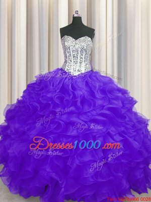 Artistic Purple Organza Lace Up Sweetheart Sleeveless Floor Length 15 Quinceanera Dress Beading and Ruffles