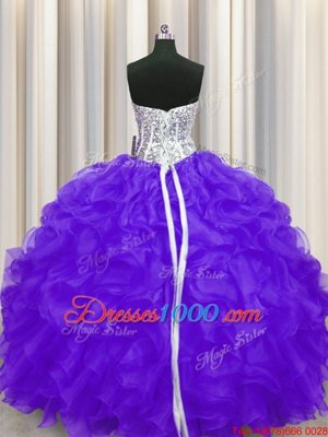Artistic Purple Organza Lace Up Sweetheart Sleeveless Floor Length 15 Quinceanera Dress Beading and Ruffles