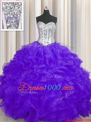 Artistic Purple Organza Lace Up Sweetheart Sleeveless Floor Length 15 Quinceanera Dress Beading and Ruffles