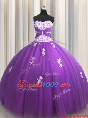Stunning Floor Length Lace Up Quinceanera Gown Purple and In for Military Ball and Sweet 16 and Quinceanera with Beading and Appliques
