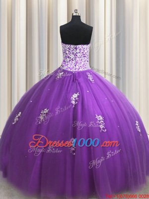 Stunning Floor Length Lace Up Quinceanera Gown Purple and In for Military Ball and Sweet 16 and Quinceanera with Beading and Appliques