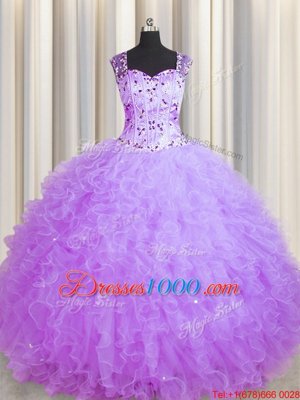 Dramatic See Through Zipper Up Sleeveless Zipper Floor Length Beading and Ruffles Sweet 16 Dresses