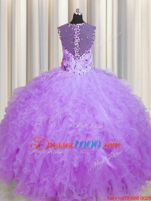 Dramatic See Through Zipper Up Sleeveless Zipper Floor Length Beading and Ruffles Sweet 16 Dresses