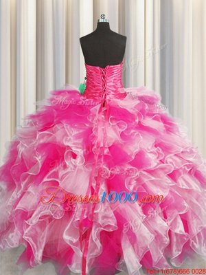 Superior Floor Length Ball Gowns Sleeveless Pink And White Quinceanera Dresses Lace Up