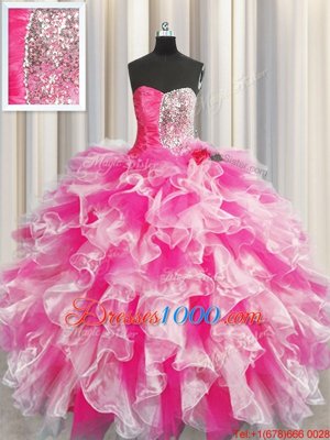 Superior Floor Length Ball Gowns Sleeveless Pink And White Quinceanera Dresses Lace Up