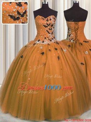 Fashionable Sweetheart Sleeveless Lace Up Ball Gown Prom Dress Rust Red Tulle