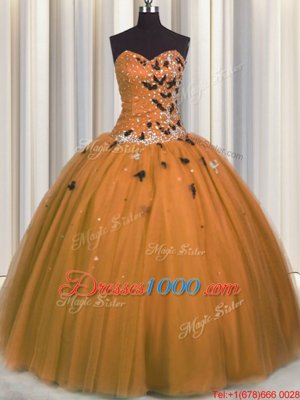 Fashionable Sweetheart Sleeveless Lace Up Ball Gown Prom Dress Rust Red Tulle