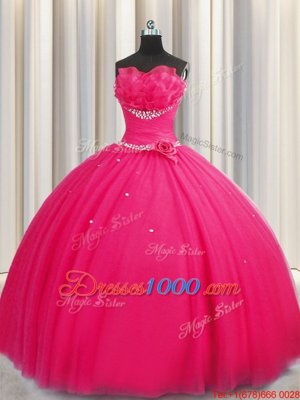 Fashionable Handcrafted Flower Hot Pink Sleeveless Floor Length Beading and Sequins and Hand Made Flower Lace Up Sweet 16 Dress