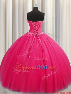 Fashionable Handcrafted Flower Hot Pink Sleeveless Floor Length Beading and Sequins and Hand Made Flower Lace Up Sweet 16 Dress