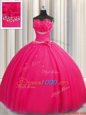 Fashionable Handcrafted Flower Hot Pink Sleeveless Floor Length Beading and Sequins and Hand Made Flower Lace Up Sweet 16 Dress