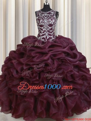 See Through Burgundy Scoop Neckline Beading and Pick Ups Quinceanera Dresses Sleeveless Lace Up