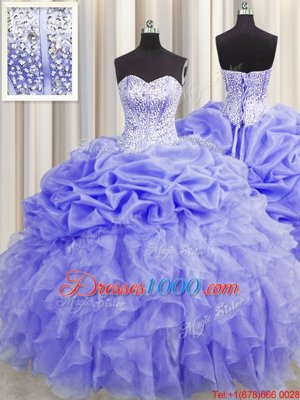 Custom Made Visible Boning Sweetheart Sleeveless Sweet 16 Dresses Floor Length Beading and Ruffles and Pick Ups Lavender Organza