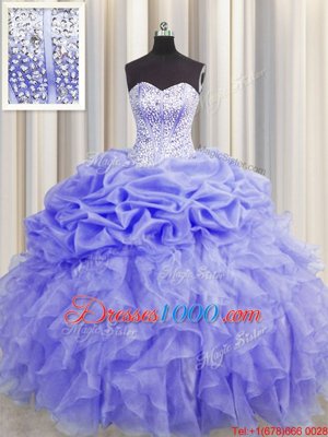 Custom Made Visible Boning Sweetheart Sleeveless Sweet 16 Dresses Floor Length Beading and Ruffles and Pick Ups Lavender Organza