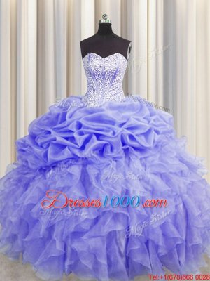 Custom Made Visible Boning Sweetheart Sleeveless Sweet 16 Dresses Floor Length Beading and Ruffles and Pick Ups Lavender Organza