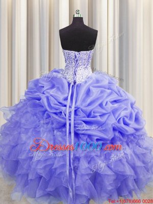 Custom Made Visible Boning Sweetheart Sleeveless Sweet 16 Dresses Floor Length Beading and Ruffles and Pick Ups Lavender Organza