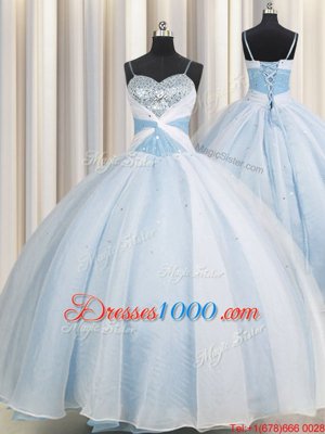 Trendy Spaghetti Straps Floor Length Lace Up 15 Quinceanera Dress Light Blue and In for Military Ball and Sweet 16 and Quinceanera with Beading and Ruching