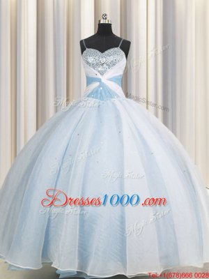 Trendy Spaghetti Straps Floor Length Lace Up 15 Quinceanera Dress Light Blue and In for Military Ball and Sweet 16 and Quinceanera with Beading and Ruching