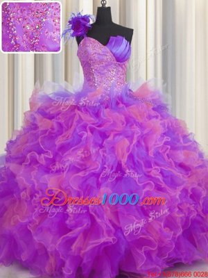 One Shoulder Handcrafted Flower Multi-color Lace Up Vestidos de Quinceanera Beading and Ruffles and Hand Made Flower Sleeveless Floor Length