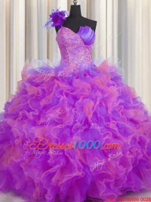 One Shoulder Handcrafted Flower Multi-color Lace Up Vestidos de Quinceanera Beading and Ruffles and Hand Made Flower Sleeveless Floor Length