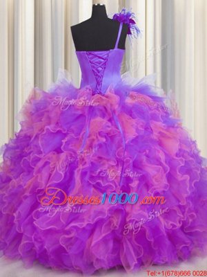 One Shoulder Handcrafted Flower Multi-color Lace Up Vestidos de Quinceanera Beading and Ruffles and Hand Made Flower Sleeveless Floor Length
