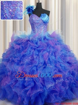 Elegant Handcrafted Flower One Shoulder Sleeveless Sweet 16 Quinceanera Dress Floor Length Beading and Ruffles and Hand Made Flower Multi-color Tulle