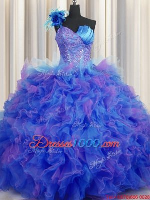 Elegant Handcrafted Flower One Shoulder Sleeveless Sweet 16 Quinceanera Dress Floor Length Beading and Ruffles and Hand Made Flower Multi-color Tulle