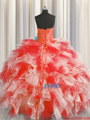 Red Organza Lace Up 15 Quinceanera Dress Sleeveless Floor Length Beading and Ruffles