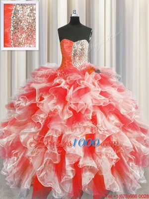 Red Organza Lace Up 15 Quinceanera Dress Sleeveless Floor Length Beading and Ruffles