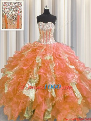 Hot Selling Visible Boning Multi-color Sweetheart Neckline Beading and Ruffles and Sequins Quince Ball Gowns Sleeveless Lace Up