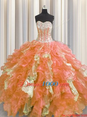 Hot Selling Visible Boning Multi-color Sweetheart Neckline Beading and Ruffles and Sequins Quince Ball Gowns Sleeveless Lace Up