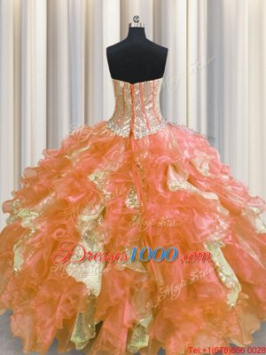 Hot Selling Visible Boning Multi-color Sweetheart Neckline Beading and Ruffles and Sequins Quince Ball Gowns Sleeveless Lace Up