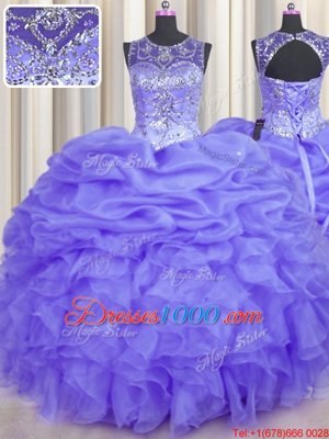 Sumptuous See Through Lavender Scoop Neckline Beading and Ruffles and Pick Ups Quinceanera Gown Sleeveless Lace Up