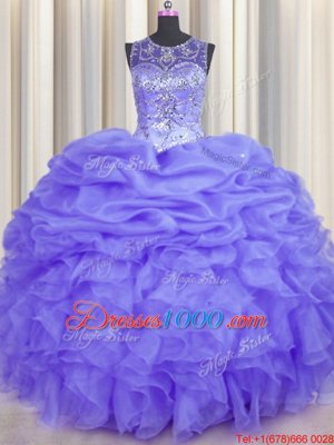 Sumptuous See Through Lavender Scoop Neckline Beading and Ruffles and Pick Ups Quinceanera Gown Sleeveless Lace Up
