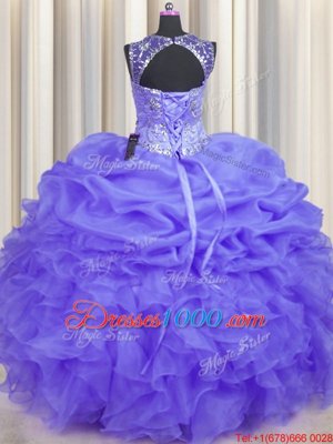 Sumptuous See Through Lavender Scoop Neckline Beading and Ruffles and Pick Ups Quinceanera Gown Sleeveless Lace Up