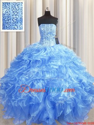 Visible Boning Baby Blue Ball Gowns Beading and Ruffles Sweet 16 Quinceanera Dress Lace Up Organza Sleeveless Floor Length