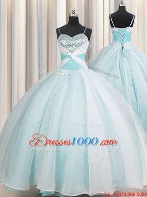 Inexpensive Spaghetti Straps Aqua Blue Ball Gowns Beading and Ruching Vestidos de Quinceanera Lace Up Organza Sleeveless Floor Length