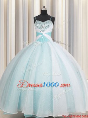 Inexpensive Spaghetti Straps Aqua Blue Ball Gowns Beading and Ruching Vestidos de Quinceanera Lace Up Organza Sleeveless Floor Length