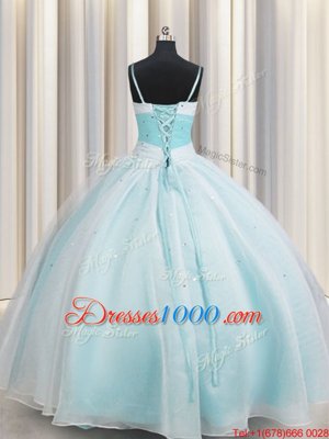 Inexpensive Spaghetti Straps Aqua Blue Ball Gowns Beading and Ruching Vestidos de Quinceanera Lace Up Organza Sleeveless Floor Length