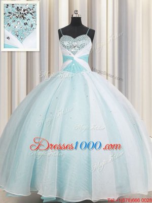 Inexpensive Spaghetti Straps Aqua Blue Ball Gowns Beading and Ruching Vestidos de Quinceanera Lace Up Organza Sleeveless Floor Length