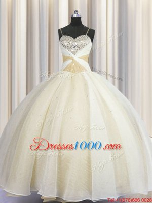 Beautiful Champagne Ball Gown Prom Dress Military Ball and Sweet 16 and Quinceanera and For with Beading and Ruching Spaghetti Straps Sleeveless Lace Up